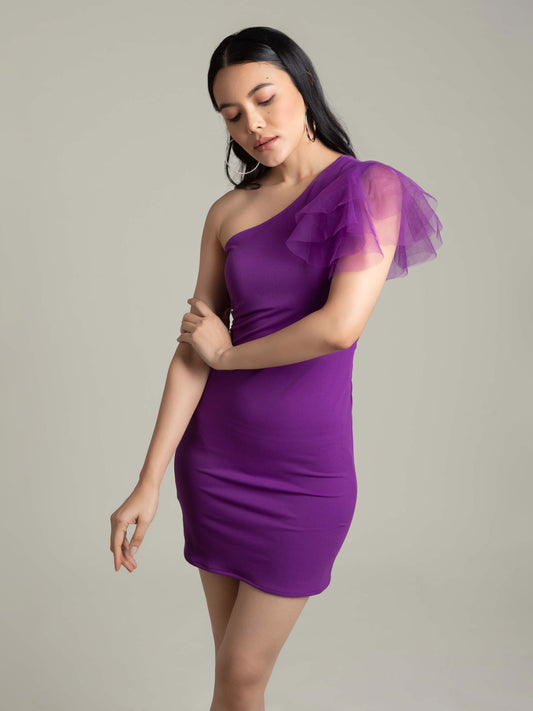 Grape One Shoulder Net Sleeve Dress