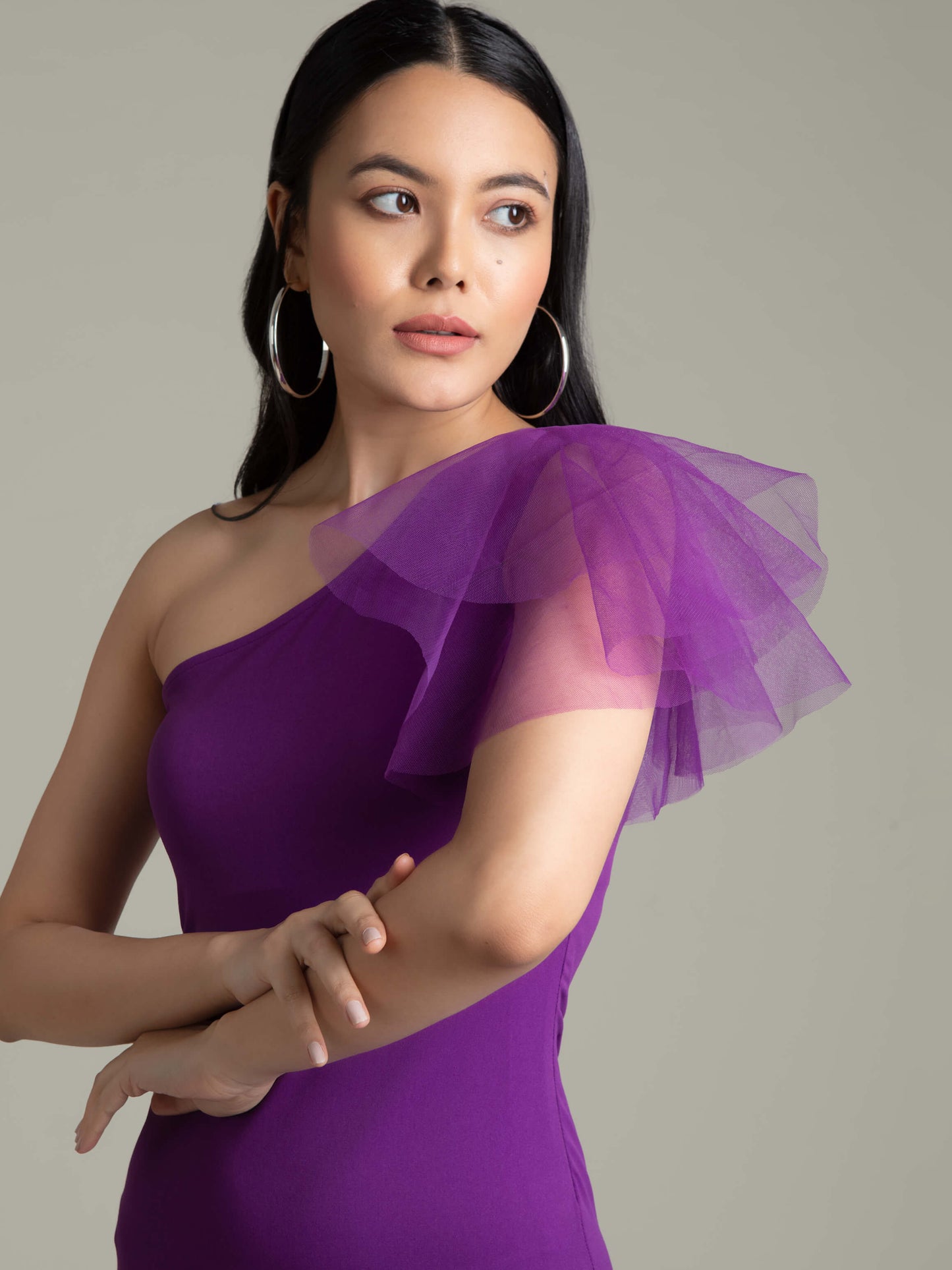 Grape One Shoulder Net Sleeve Dress