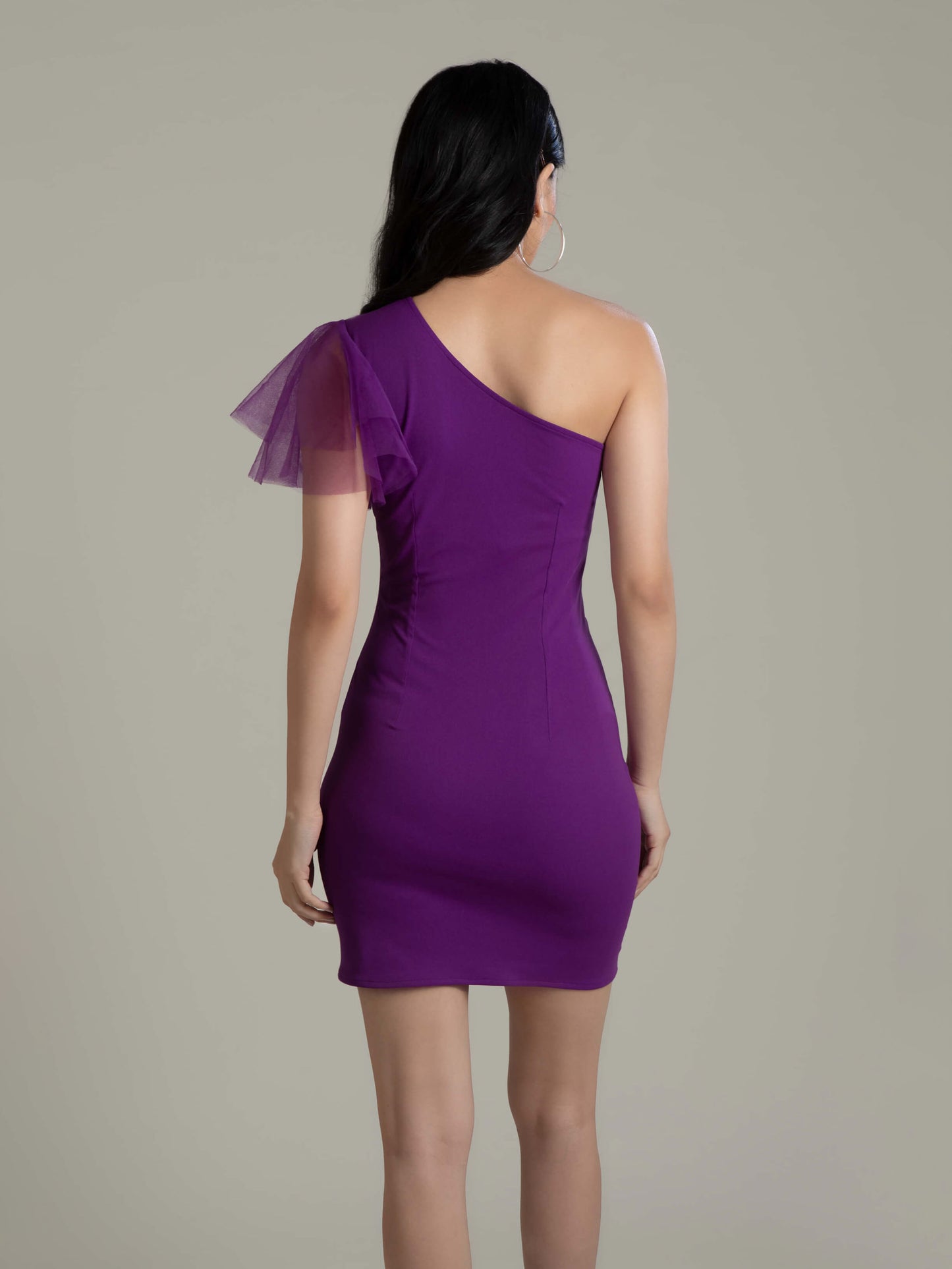 Grape One Shoulder Net Sleeve Dress