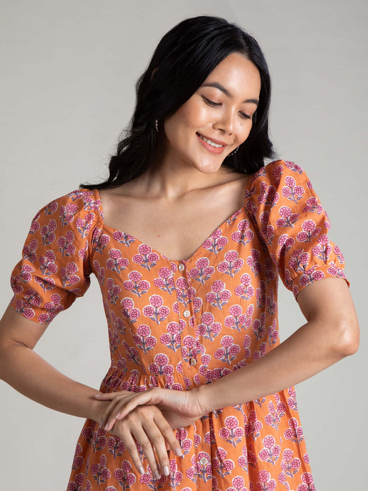 Coral Puff Sleeve Spring Dress