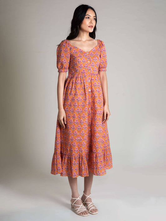 Coral Puff Sleeve Spring Dress