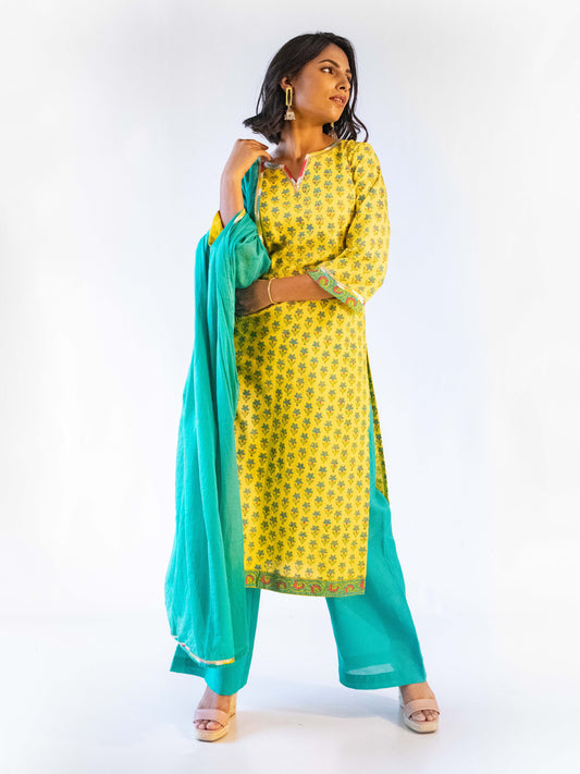 Nira Yellow Block Printed Suit