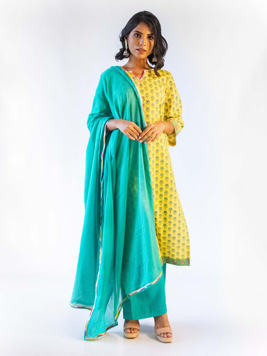 Nira Yellow Block Printed Suit